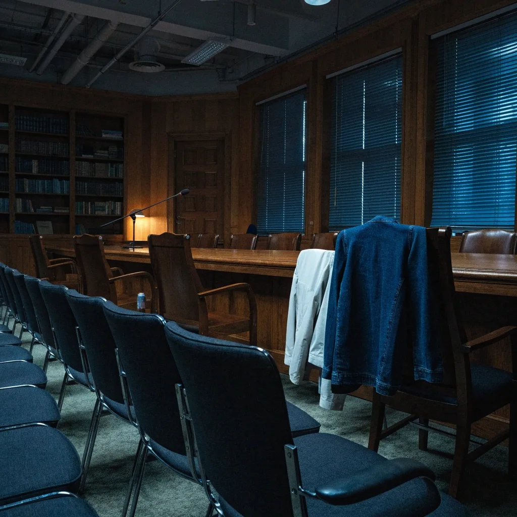 Empty press briefing room at night seen from the back rows, with a single light left on over the lectern