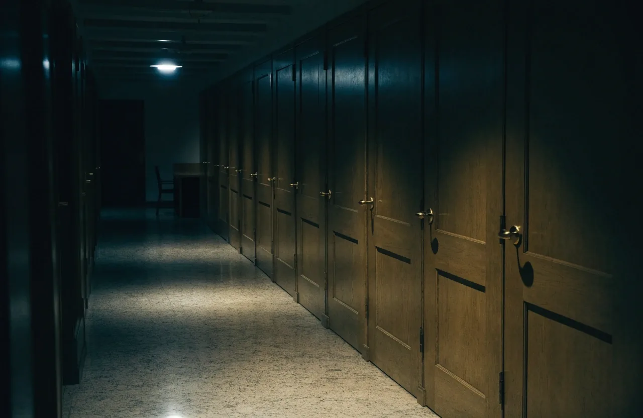 Long corridor of closed congressional office doors at night, lit by one overhead lamp