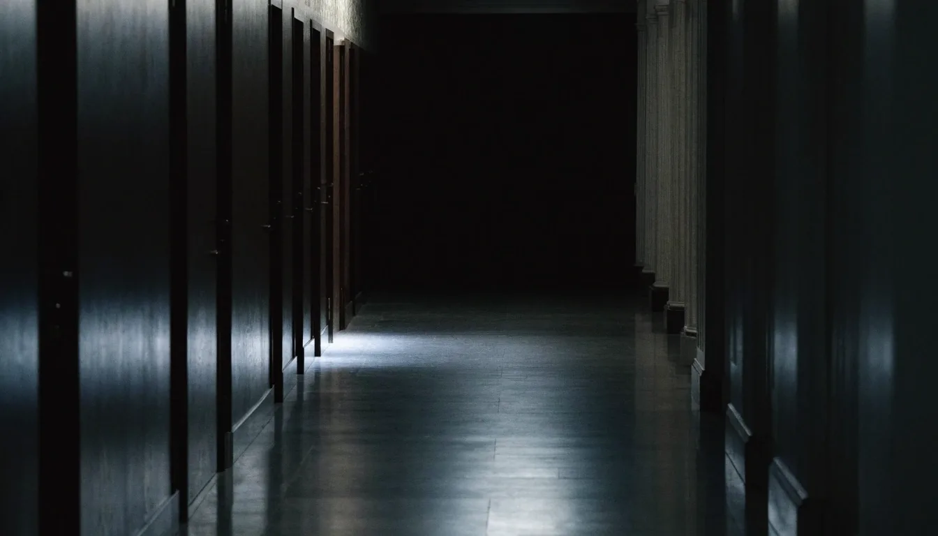 An empty corridor of closed doors outside a briefing room, lit by a single overhead lamp