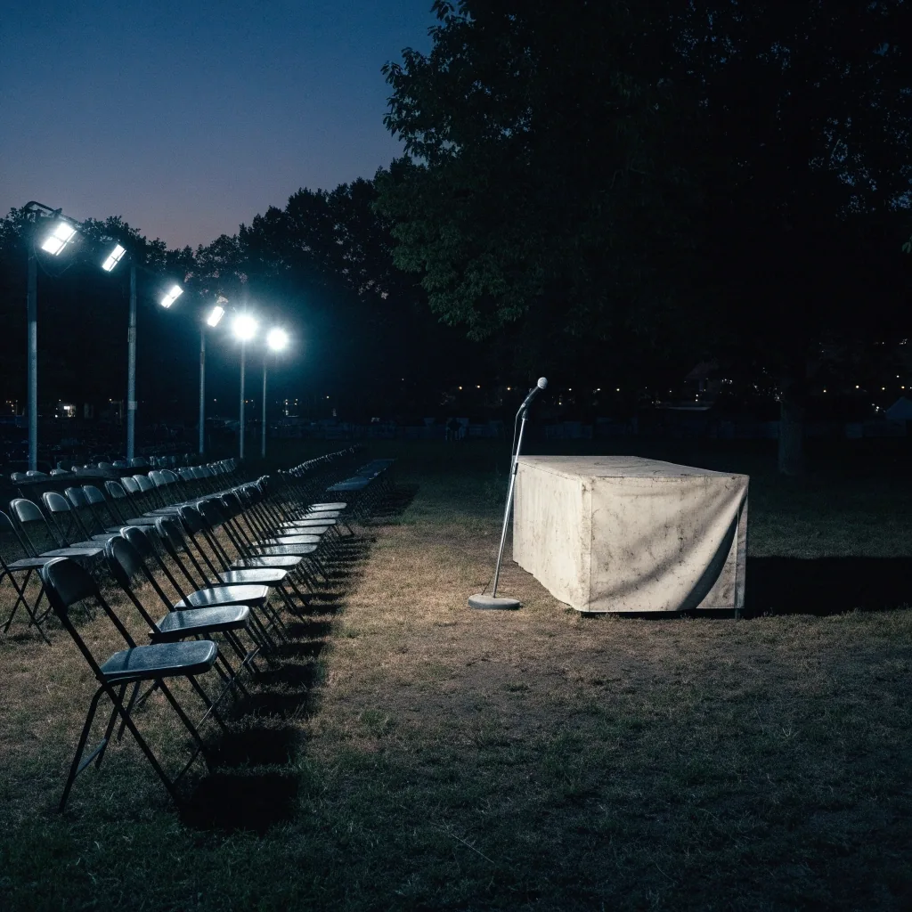 Empty candidate riser and microphone stand on a fairground at dusk, lit by a bank of work lights