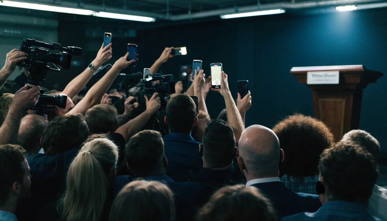 Reporters crowding a White House press briefing room, hands raised toward an empty lit lectern