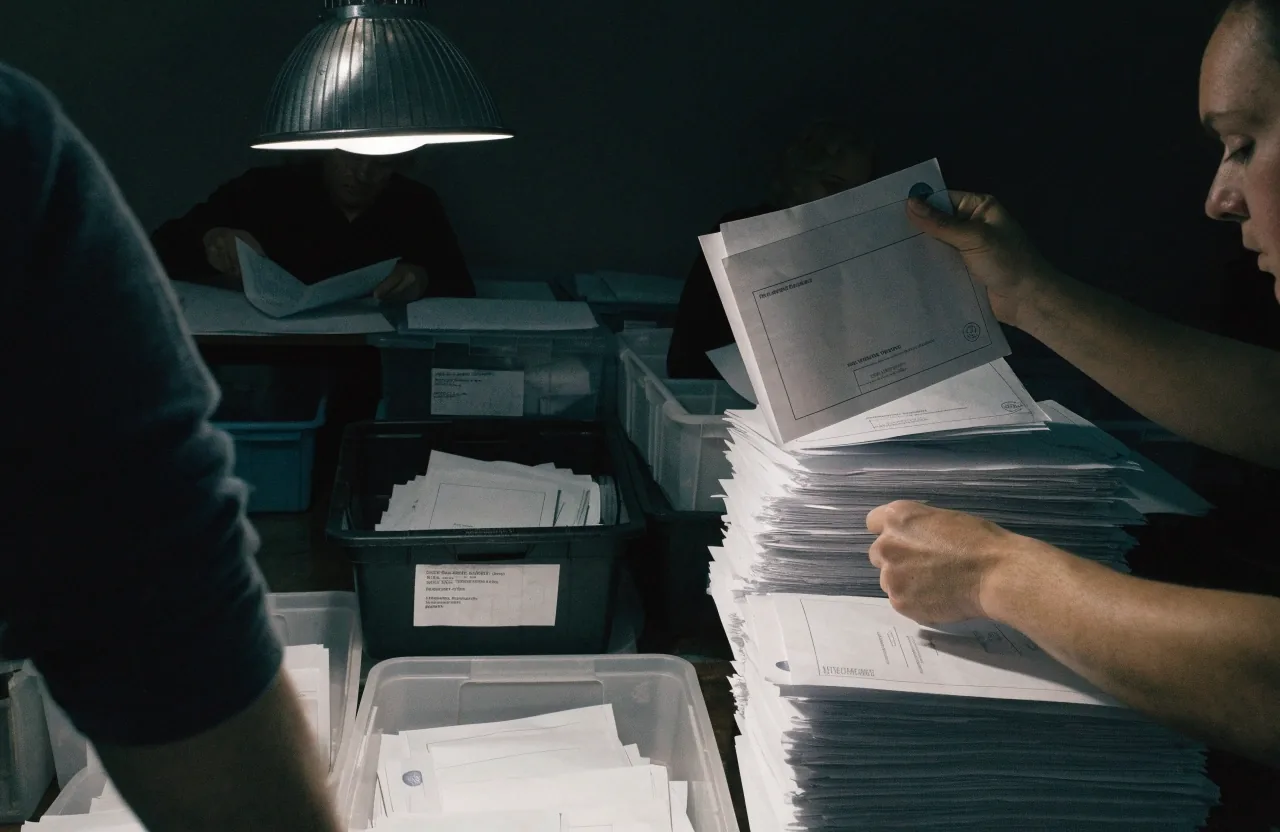 Stacked precinct paperwork trays under a single work lamp in an election office workroom