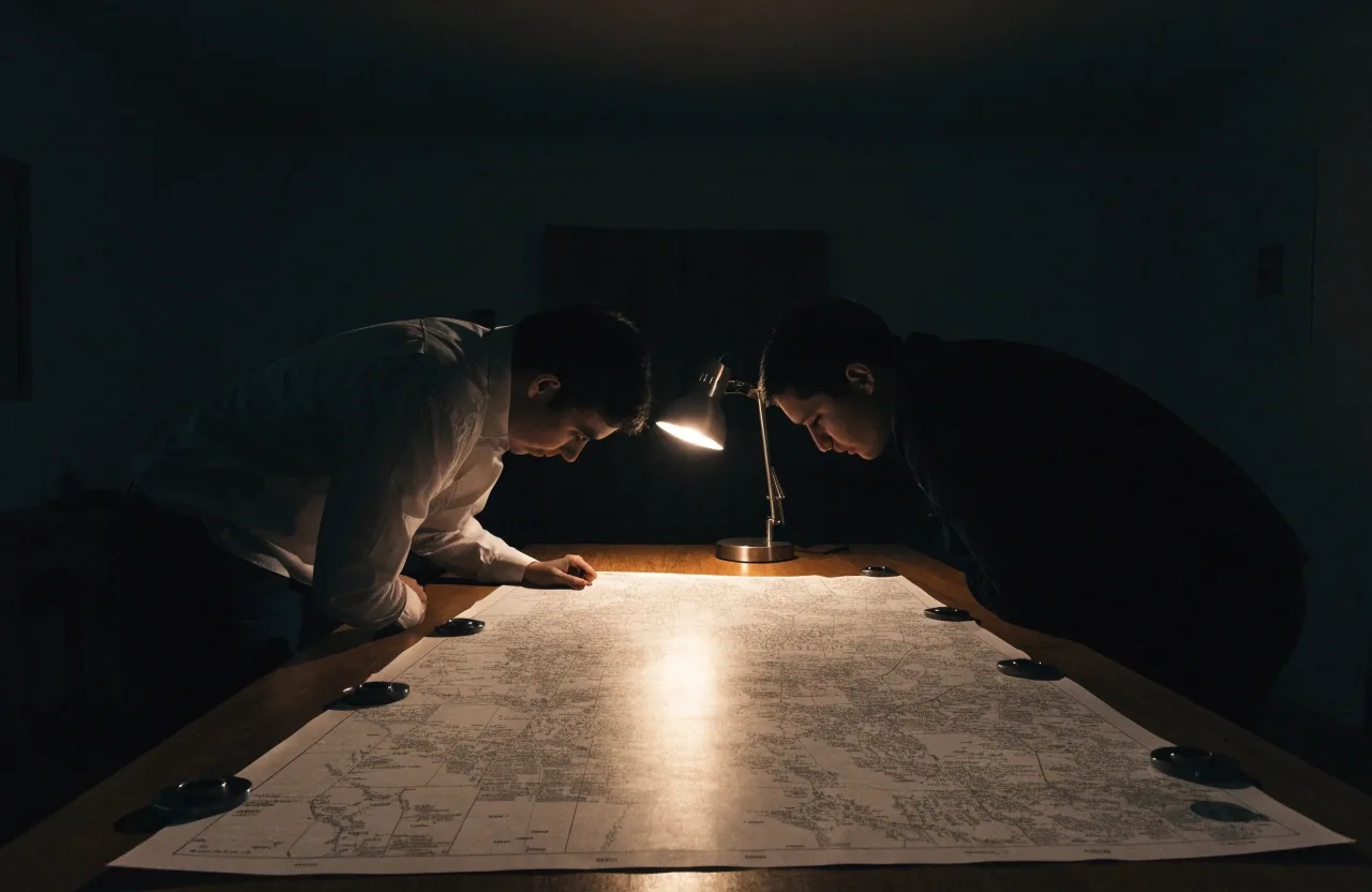 Two people leaning over a county precinct map spread across a dark table under one task lamp