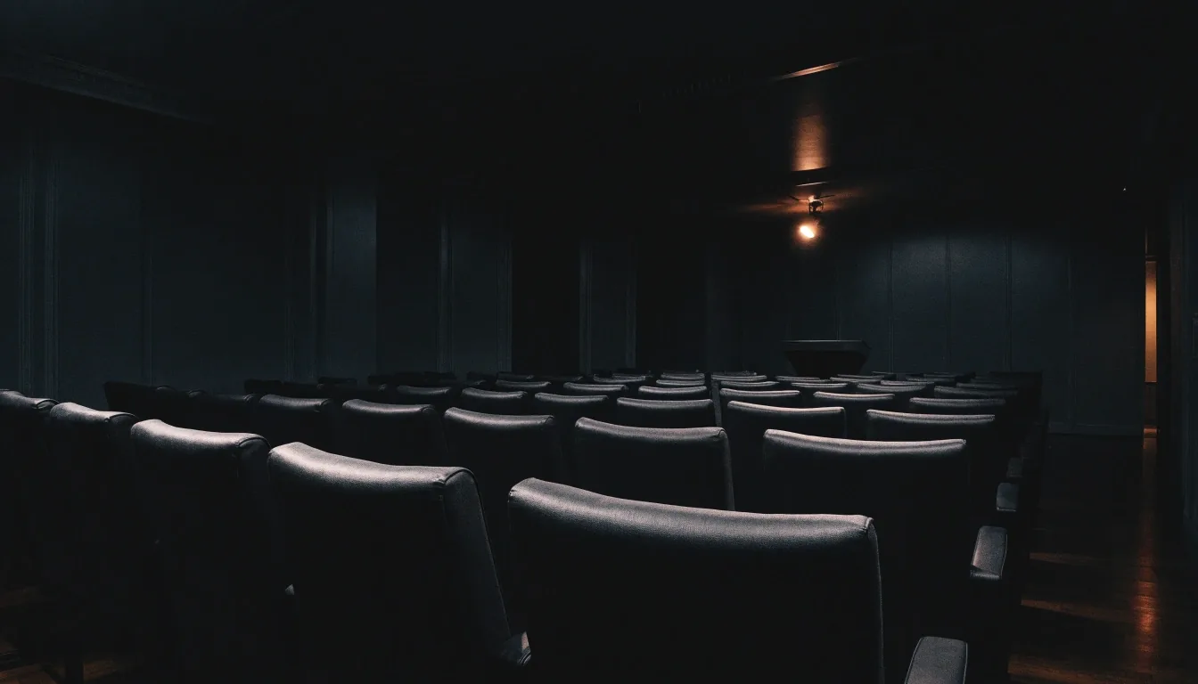 A near-empty White House briefing room seen from the back, rows of vacant chairs facing a small lectern under one overhead light